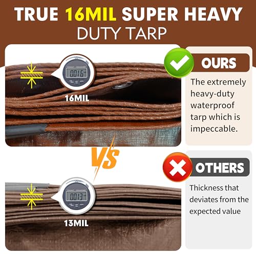 Tarp 12x20 ft Super Heavy Duty 16mil 100% Waterproof,Uv Resistant,High Durability Multipurpose Brown Tarp Suitable for Courtyards, Cars, Camping, Gardens, Pet Nests -by MVPNET