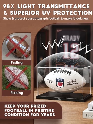 Image of JupDec Football Display Case Full Size, Upgraded Clear Acrylic Box with Curved Cradle Holder & Solid Wood Base, Fits All Football Sizes, UV Protected Memorabilia Display for Collectors, Black