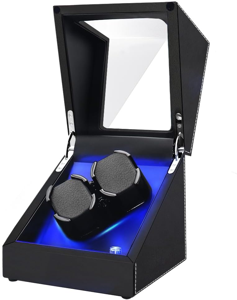 AnyasunWatch Winder,Automatic Watch Winder Box,Double Watch Winder with Quiet Japanese Motor,in Wood Shell and Black Leather,AC Adapter or Battery Powered (Black+LED)