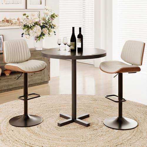Image of MALOL Bar Stools Set of 2, Adjustable Counter Height Bar Chairs 26 inch-34.5 inch with Swivel & Footrest, Modern Faux Leather Barstools for Kitchen Island, Dining Room,Pub,Beige