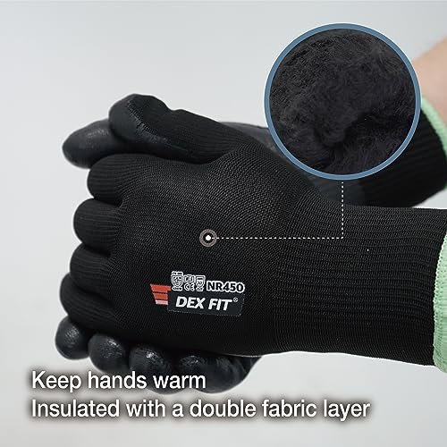 Image of DEX FIT NR450 Double Lined Warm Fleece Work Gloves, Insulated, Comfortable Fit, Firm Grip, Lightweight, Durable Water-Based Nitrile Rubber Coated, Machine Washable; Black M (8) 1 Pair
