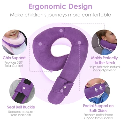 WENRENER Kids Travel Neck Pillow, Comfortable Head & Chin Support for Car seat & Airplane, Toddler Pillow for Sleeping on Road Trip, Gifts for Child (Deep Purple & Light Purple)