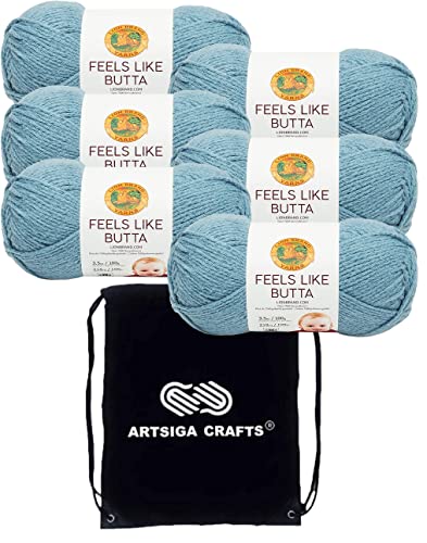 Lion Brand Feels Like Butta Dusty Blue 215-108 (6-Skeins - Same Dye Lot) Worsted Medium #4 Polyester Yarn for Crocheting and Knitting with Project Bag
