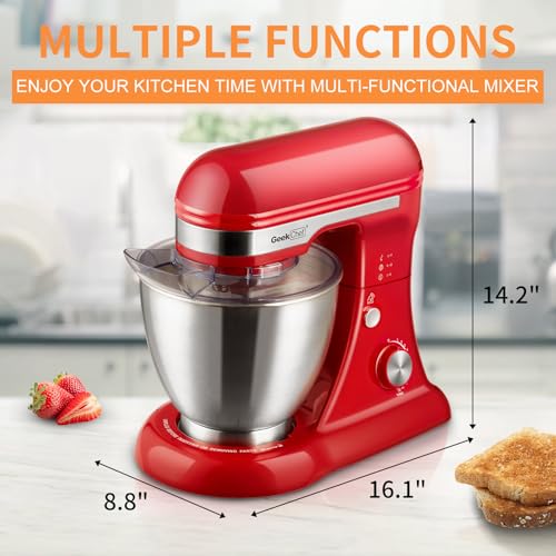 Image of Geek Chef Electric Stand Mixer, 4.8QT 12 Speeds Tilt-head Food Mixer with Dough Hook, Whisk, Beater, Bowl, Rotary Knob for Home Kitchen Use, Bright Red