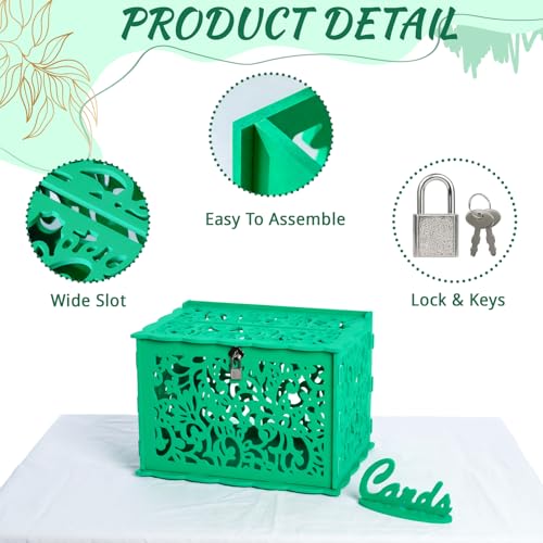 Image of OurWarm Green Wedding Card Box with Lock, Elegant PVC Gift Card Box for Party for Wedding Reception Decorations, Versatile Honeymoon Fund Boxes for Bridal and Baby Shower Events