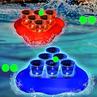 unbrands 20 Pcs Glow Pool Pong Games,Light Up Floating Pool Games,Pool Party Games for Daytime/Nighttime,2 Inflatable Pong Rack(Red & Blue),12 Glow Cups, 6 Glowing Balls