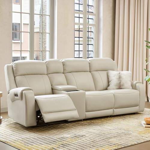 Image of CHITA Genuine Leather Power Recliner Sofa, 3 Seater with Console, Crean