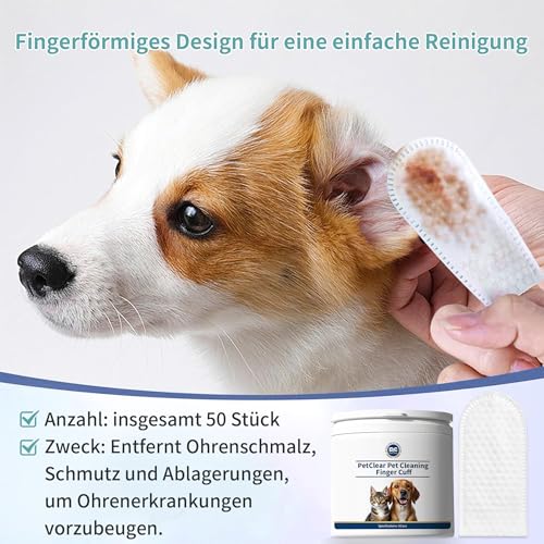PETCLEAR Ohrpflege Finger-Pads für Hunde & Katze | Besonders weiche & milde Einweg-Reinigungspads | Hunde Ohrenreiniger Ohrenpflege gegen Ohrenentzündung Ohrmilben u. Hygiene bei Hund Katze | 50 Stück
