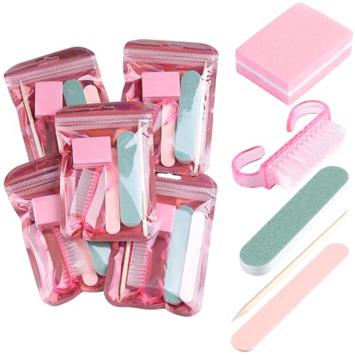 Fcozpjk Disposable Manicure Kit Basics 5PCS Nail Kit, Mini Nail Files Buffers Bulk Handle Grip Brush Orange Wood Stick Individually-Packed Pedicure Set for Fingernails Toenails Salon Supplies 5 Packs