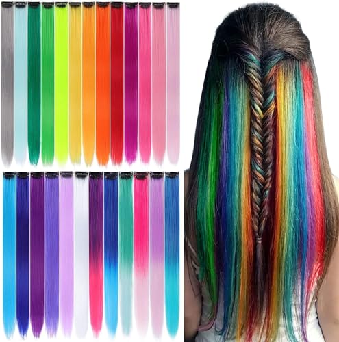 Colored Hair Extensions 26 PCs Rainbow Party Highlights Straight Clip in Hair Extensions Colorful Synthetic Hair Pieces Accessories for Girls Women Kids Gifts