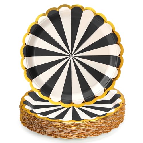 PARTY GO Platos Desechable de Circo para Fiestas, 50 platos de papel de 9' 23 cm para cena y postre, Para fiestas de cumpleaños, vacaciones, bodas, decoraciones de graduación, Negro Blanco