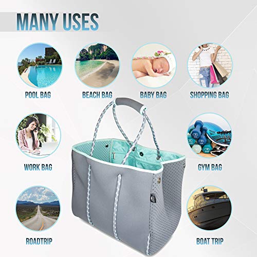 Nordic By Nature Large Designer Beach Bag Tote For Women, Men And Kids | Versatile Pool Bag With Zippered Pockets | Room For Towels, Toys And Lotion | For The Boat, Beach Or Pool (Grey/Turquoise) #TOP6