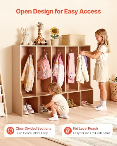 Image of VEVOR 5-Section Coat Locker with Bench, Kids Lockers with 10 Hooks & Non-Slip Mat, Classroom Cubbies for Daycare, Home, Kindergarten- Natural