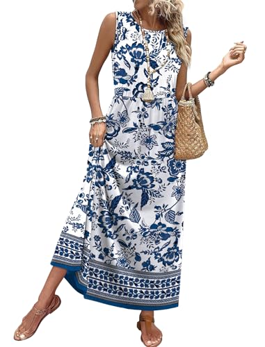 Dresses for Women 2026 Elegant Classy Maxi Summer Dresses Beach Vacation Outfits Spring Clothes Ethnic Floral Blue Sundresses with Pockets M