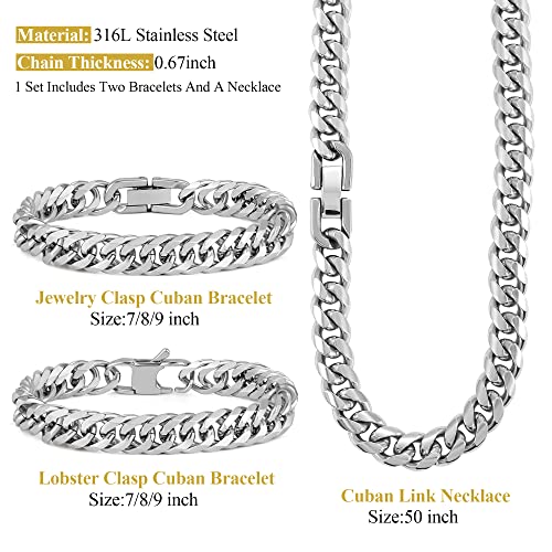 3PCS Cuban Link Bracelet Necklace, Sturdy 316L Stainless Steel Cuban Link Chain for Men Jewelry Set 8mm, 7/8/9 Inches2