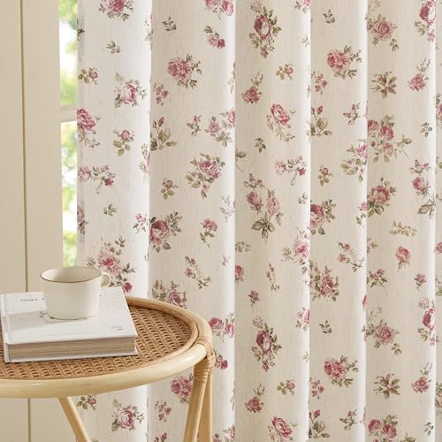 NICETOWN Vintage Pink Rose Floral Curtains for Bedroom & Living Room Linen Blend Drapes with Shabby Chic Floral Pattern Privacy & Light Filtering Romantic Country Style W52 x L84 in 2 Panel