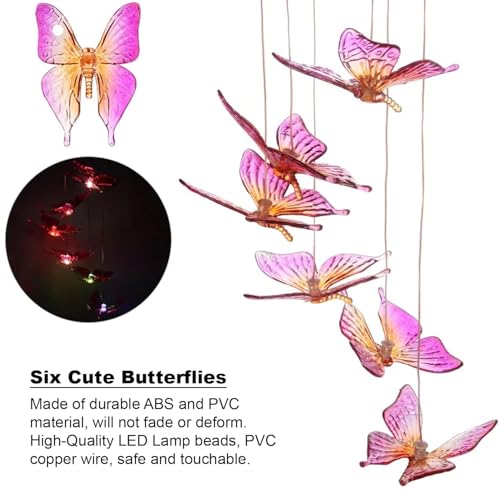 Image of Solar Powered Butterfly Wind Chime, Color-Changing LED Lights, Auto-Charging Panel, Weather-Resistant Outdoor Design, Purple and Yellow, Medium