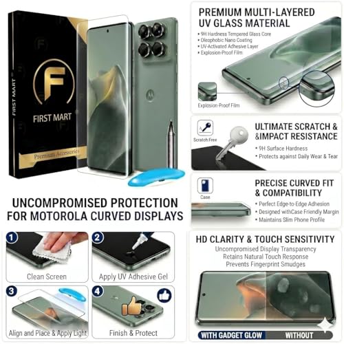 Image of FIRST MART UV Tempered Glass for Motorola Edge 60 Pro With Black Camera Ring Guard Combo | Crystal Clear Curved Screen Protector, Case-Friendly, Scratch Resistant | Pack of 1