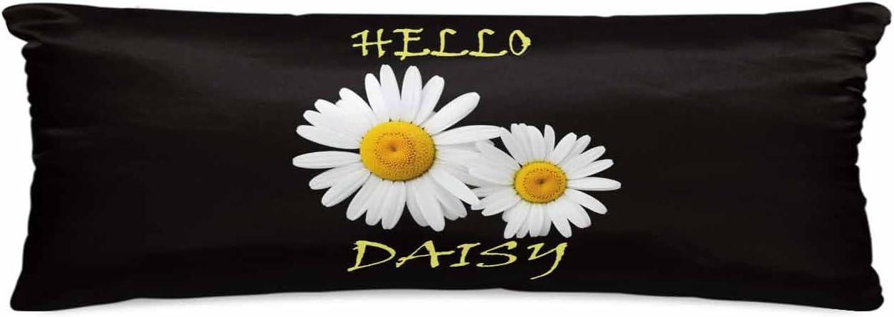 White Daisy Body Pillow Cases, Spring Hello Daisy Floral Black Satin Pillowcase with Zipper for Hair/Skin, Decorative Pillow Covers for Bed/Couch/Sofa, 20x54 Inches