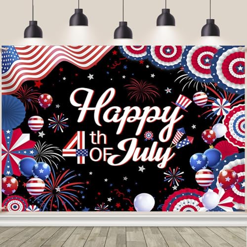 Image of AIBIIN Happy 4th of July Backdrop Fourth of July Banner 4th of July Decorations Patriotic Backdrop for Photography Independence Day Party Decorations Supplies 82.67 x 59.05 Inch
