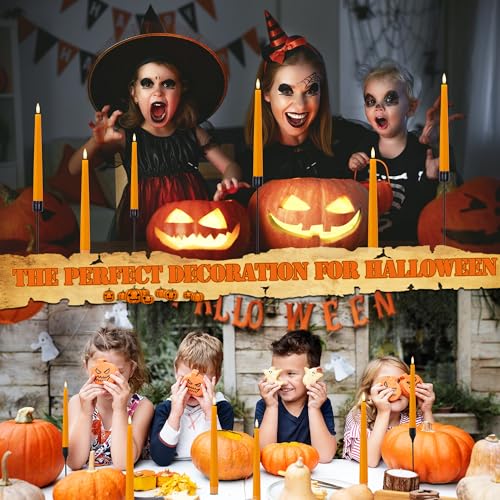Image of Orange Flameless Taper Candles, 9.6 inch Halloween Battery Operated Candles with Remote, Real Wax Fall Led Candle, Flickering Flameless Candlesticks for Fall, Thanksgiving, Harvest, Halloween Decor, 3 Pcs