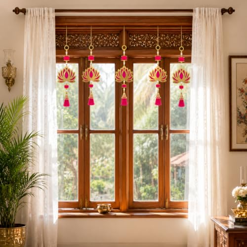Image of JH Gallery Pink Pom Pom Lotus - Handmade Ganpati Decoration Setup for Home, Ganesh Chaturthi Mandap Decor, Pooja Room, Temple & Door Hanging (11 Inch, Pack of 5)
