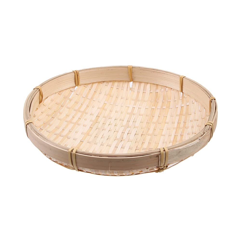Woven Bamboo Tray Basket,Flat Shallow Handmade Bamboo Woven Basket Tray Fruit Basket Woven Food Storage Shallow Tray Serving Tray(30cm)