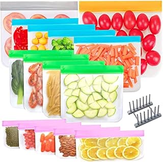 HOMEREVEL-15 Pack Reusable Ziplock Freezer Bags (1Large Food Bag, 1 Lunch Bags, 4 Sandwich Bags, 4 Snack Bags, 5 Candy Bags and 1 Dry Rack) Leakproof and Sealable Organic Ziplock bags
