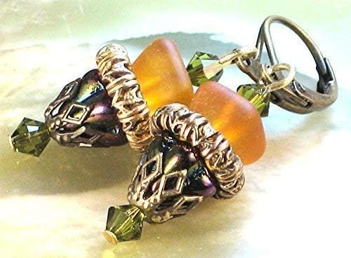 Sunset Amidst The Pyramids Frosted Amber & Iridescent Purple Amethyst Glass Earrings with Green Swarovski crystals