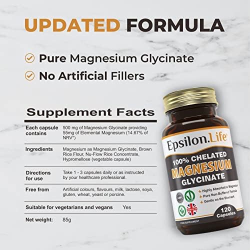 Epsilon Magnesium Glycinate - Chelated Magnesium Bisglycinate Supplement - 120 Easy to Take Vegan Capsules