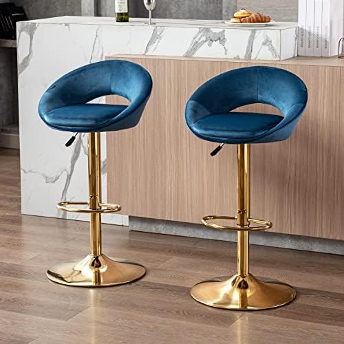 Wahson Set of 2 Bar Stools Velvet Counter Chairs with Backrest Breakfast Bar Stools for Kitchen Island, Swivel Bar Chairs High Stools Height Adjustable, Green