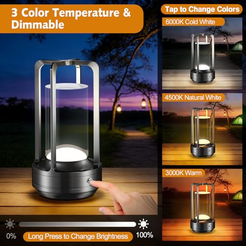 Image of Portable Table Lamp for Outdoor Indoor: Cordless Rechargeable Desk Lamp with 3 Color Stepless Dimmable - Metal Battery Operated Lantern Light for Bedroom /Bar /Coffee Shop /Camping (Graphite)