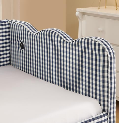 Image of KEIKI Twin Size Upholstery Daybed with Trundle and USB, Twin to King Design Adorable Wave Shaped Extendable Linen Sofa Bed, Easy Assembly, No Box Spring Required, for Living Room and Bedroom, Navy