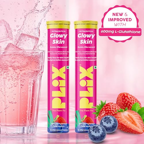 Image of The Plant Fix Plix Glutathione Effervescent Tablets for Clear, Glowing & Youthful Skin | 600mg Glutathione, Vit E & Hyaluronic Acid | No Maltodextrin, No Sugar | Strawberry (Pack of 4)