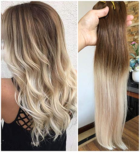 Full Head 100% Real Clip in Human Hair Extensions (18 Inches - Medium brown to light blonde)