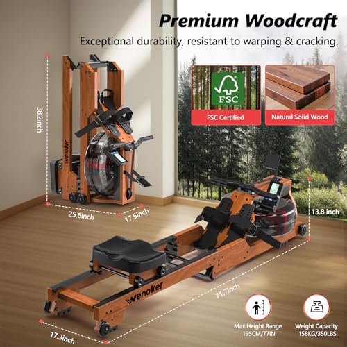 Water Rowing Machine for Home Use, WENOKER Wooden Foldable Rower Machine with Dedicated Monitor & Bluetooth APP, Large Water Tank & Comfortable Seat for Immersive Water Rower, 350LBS Weight Capacity - Image 5