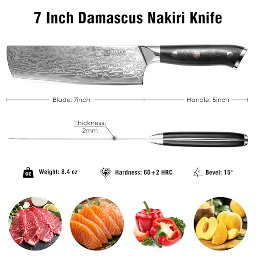 Image of PAUDIN Nakiri Knife 7'', Damascus Chef Knife, Japanese VG-10 Stainless Steel, Kitchen Knife with G10 Full Tang Handle, Razor Sharp 67-Layer Forged Blade