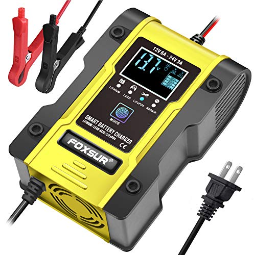 FOXSUR Nova Atualização] Carregador de Bateria de Lítio, Carregador de Bateria de Carro Inteligente Totalmente Automático de 12V/24V 6Amp(Baterias de Lítio, Baterias de Chumbo-Ácido, Cálcio, Etc.)/Man