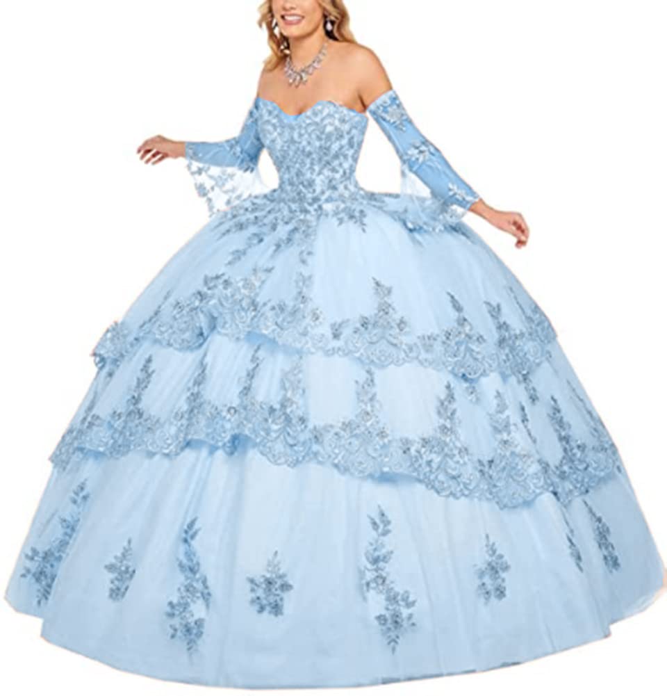 Robe de Quinceanera bleu clair à manches longues en dentelle taille 44 - 7