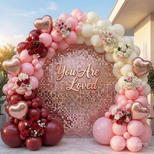Image of Burgundy Pink Balloon Arch Kit Birthday Decorations, 131 Balloons | 6 Rose Gold Foil Hearts, 5 /12 /18 in Latex, Valentine's Day, Mother's Day, Baby Shower, Proposals, Weddings