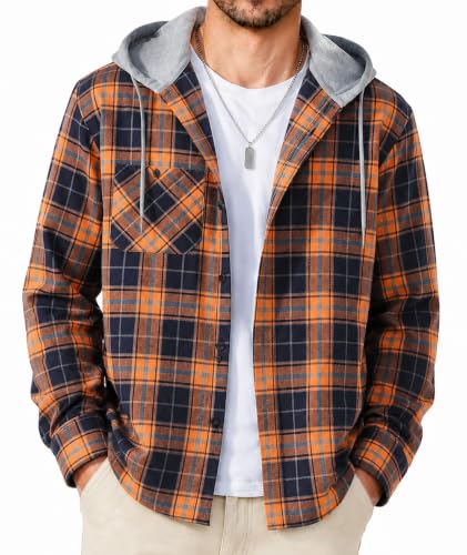 Image of SCODI Mens Flannel Hoodie Shirt Casual Button Down Plaid Long Sleeve Shirts