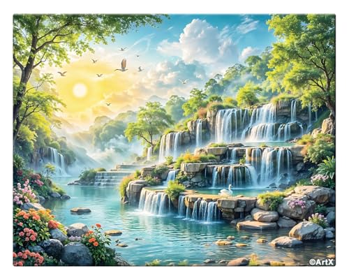 Image of ArtX Canvas Step Waterfall Painting Vastu, Big Size Scenery, Water Stream, Mountain Painting Vastu Water Fall, Multicolor, Nature, 58.0 X 45.0 cm, Set of 1