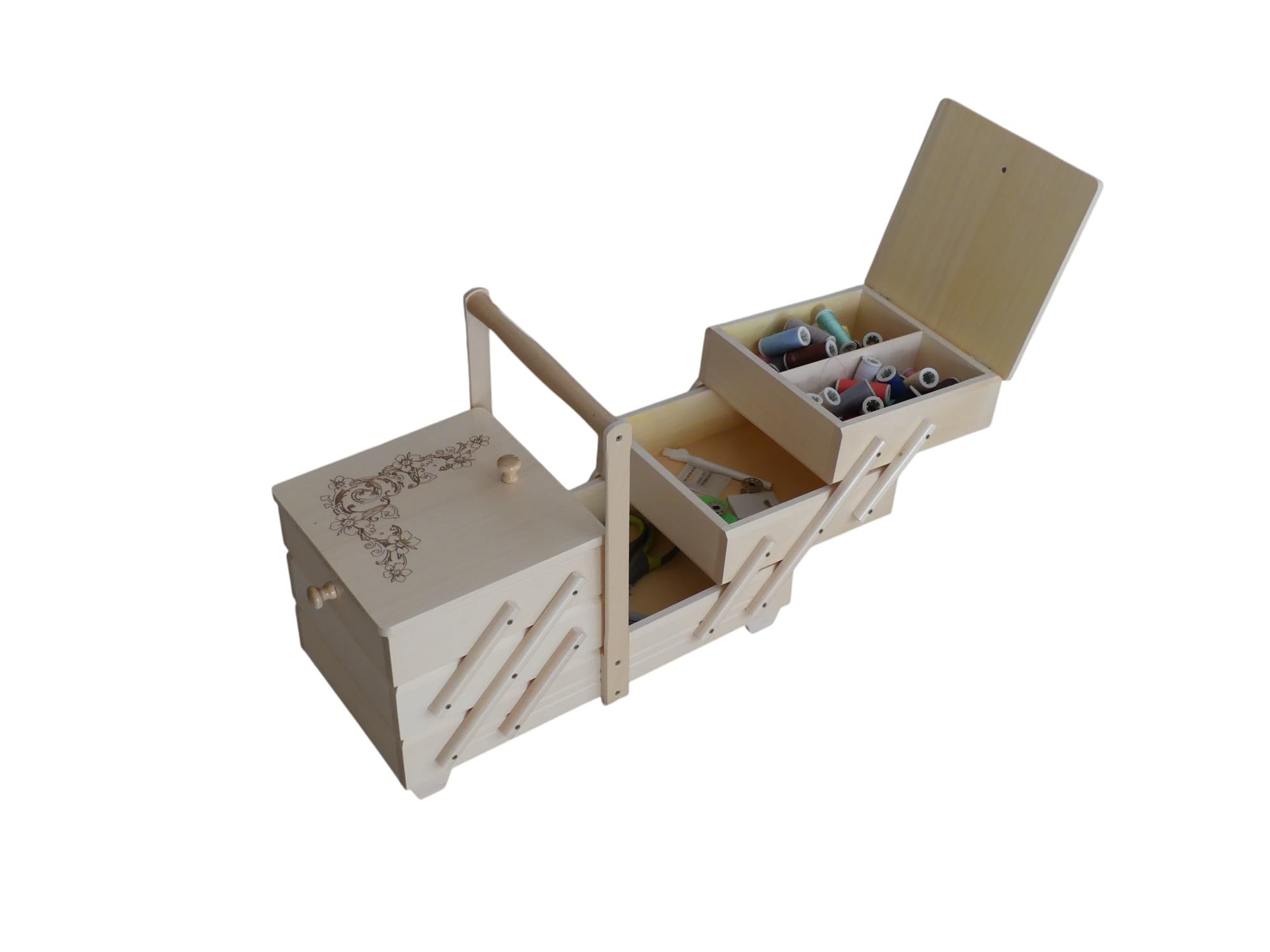 Grande Scatola da Cucito in Legno 32,5×40×22,5 cm - 7 Scomparti - Legno Naturale