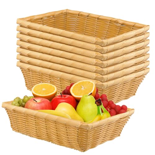 KOHAND 8 Pack Plastic Woven Bread Basket, Fruit Basket Stackable Rectangle Serving Basket for Fruit, Bread, Vegetable