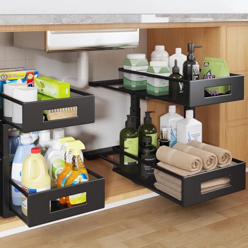 Image of Under Sink Organizer, 2-Tier Dual Pull Out Cabinet Organizer Drawers With Smooth Circular Rail, Large Capacity Metal Mesh Sliding Shelves For Bathroom& Kitchen Storage,Height Adjustable-Black,2 Packs