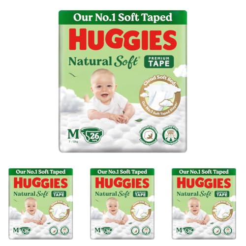 Image of Huggies Natural Soft Premium Tape Diapers Medium (M) Size, 7-12 kgs,26 Count | Our No.1 Soft Taped Diaper with Cloud Soft Bed and Runny Poo Absorption (Pack of 4)