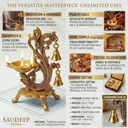 Image of Saudeep India Oxidized Metal Diya for Puja | Diwali Oil Lamp Peacock Design Perfect Gift | Antique Akhand Deepak Home Decor 14x9x20cm (Pack of 1 Diya with Bro Rakhi)