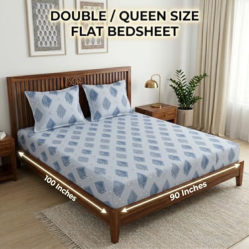 Image of Mafatlal 186 TC Grace Pure Cotton Double Size Bedsheet | 90 x 100 Inch | Soft Breathable Cotton Bed Sheet Set with 2 Pillow Covers | Turquoise Blue