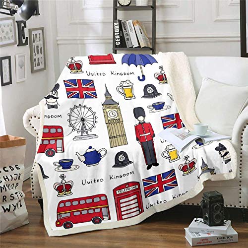 Kids Cartoon Big Ben Sherpa Throw Blanket Red Telephone Booth Bus Fleece Blanket for Sofa Couch Retro London UK Theme Plush Blanket Stain Resistant England Room Decor Baby 30"x40"