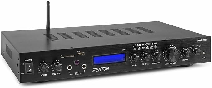 Fenton AV-150BT Amplificateur 5 Canaux - 2X 100W + 3 x 60W, Bluetooth, USB, SD, 2 Entrées Micro, Entrée Ligne RCA, Réglage Graves/Aigus et Écho, Idéal pour Une Installation Professionnelle